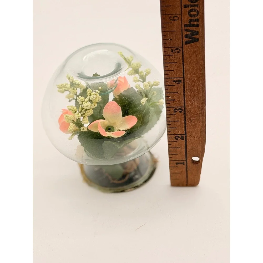 Vintage Glass Terrarium Votive Candle Holder Faux Pink Flowers Metal Base Orb